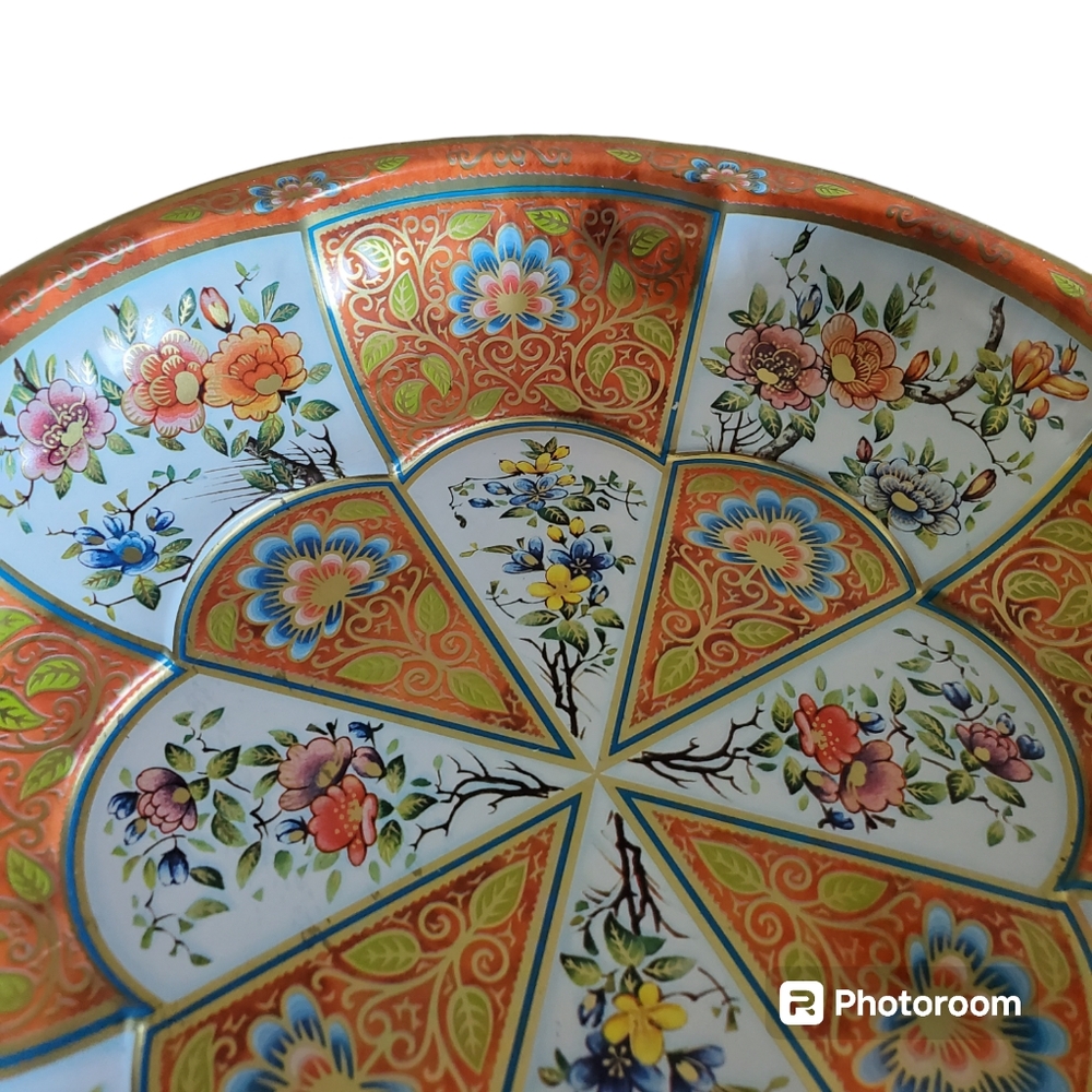 Daher Decorated Ware 1971 Tin Bowl Floral Orange Blue White Made In England - Picture 4 of 11
